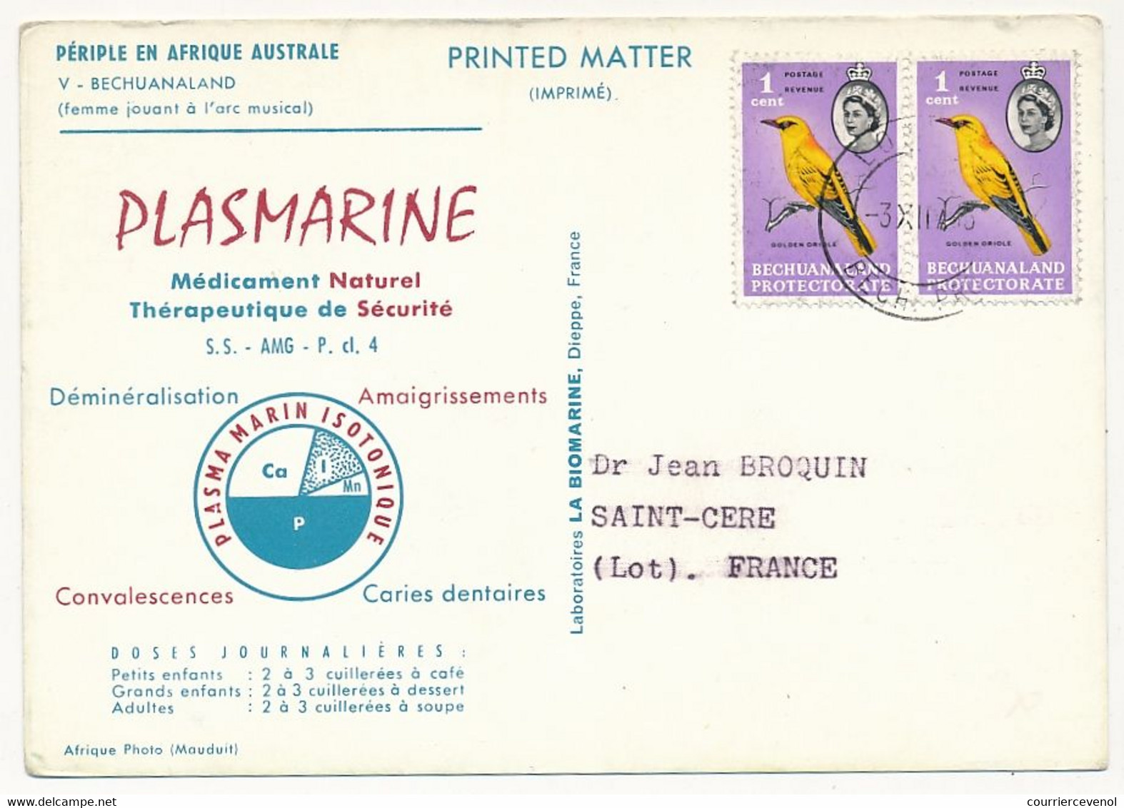 BECHUANALAND - Carte Postale Publicitaire "PLASMARINE" - 3/12/1955 - 1885-1964 Bechuanaland Protectorate