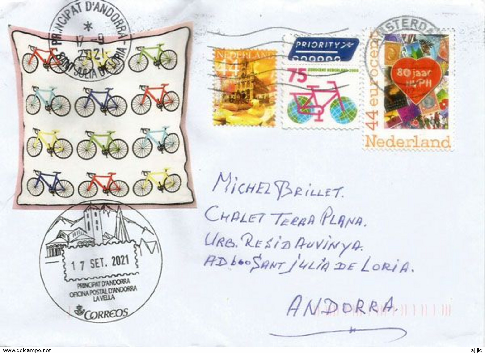 Protection De L'Environnement, Byciclettes, Lettre 2021 Pays-Bas,adressée à Andorre, Avec Timbre à Date Arrivée - Brieven En Documenten