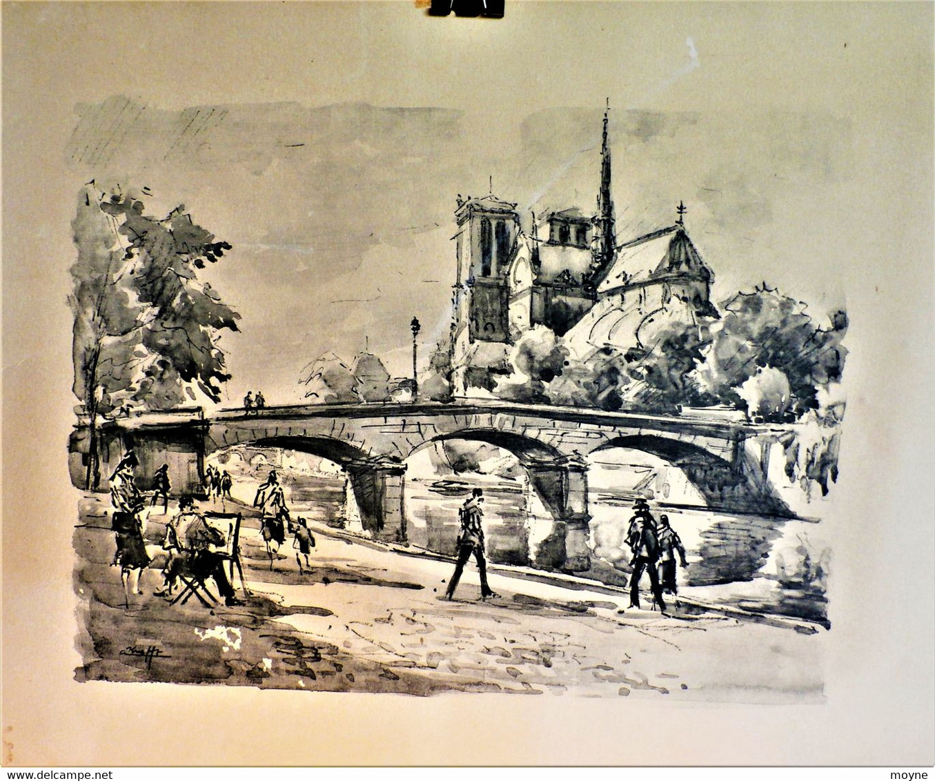 NOTRE DAME DE PARIS ET LE VIEUX PONT """- AQUARELLE ORIGINALE De ANDRE KRAFFT - - Aquarelles