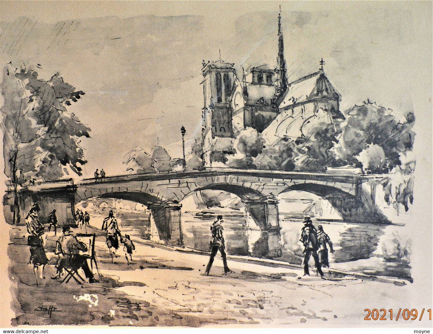 NOTRE DAME DE PARIS ET LE VIEUX PONT """- AQUARELLE ORIGINALE De ANDRE KRAFFT - - Aquarelles