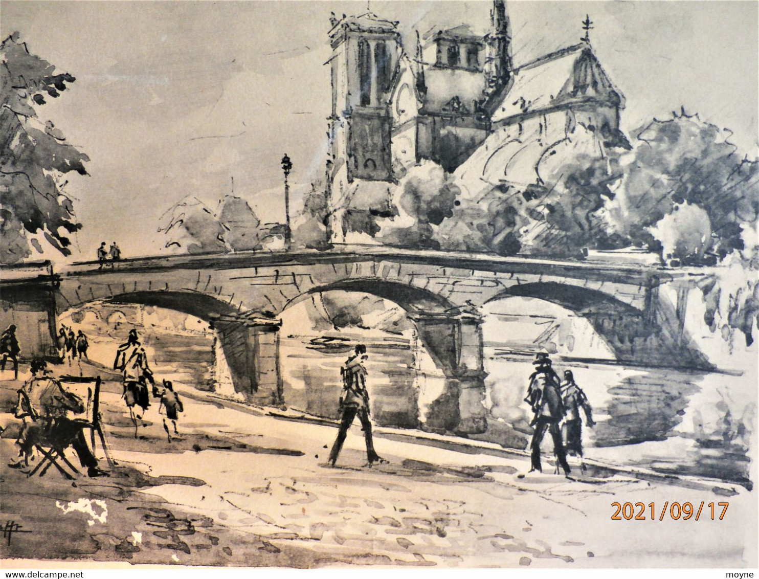 NOTRE DAME DE PARIS ET LE VIEUX PONT """- AQUARELLE ORIGINALE De ANDRE KRAFFT - - Watercolours