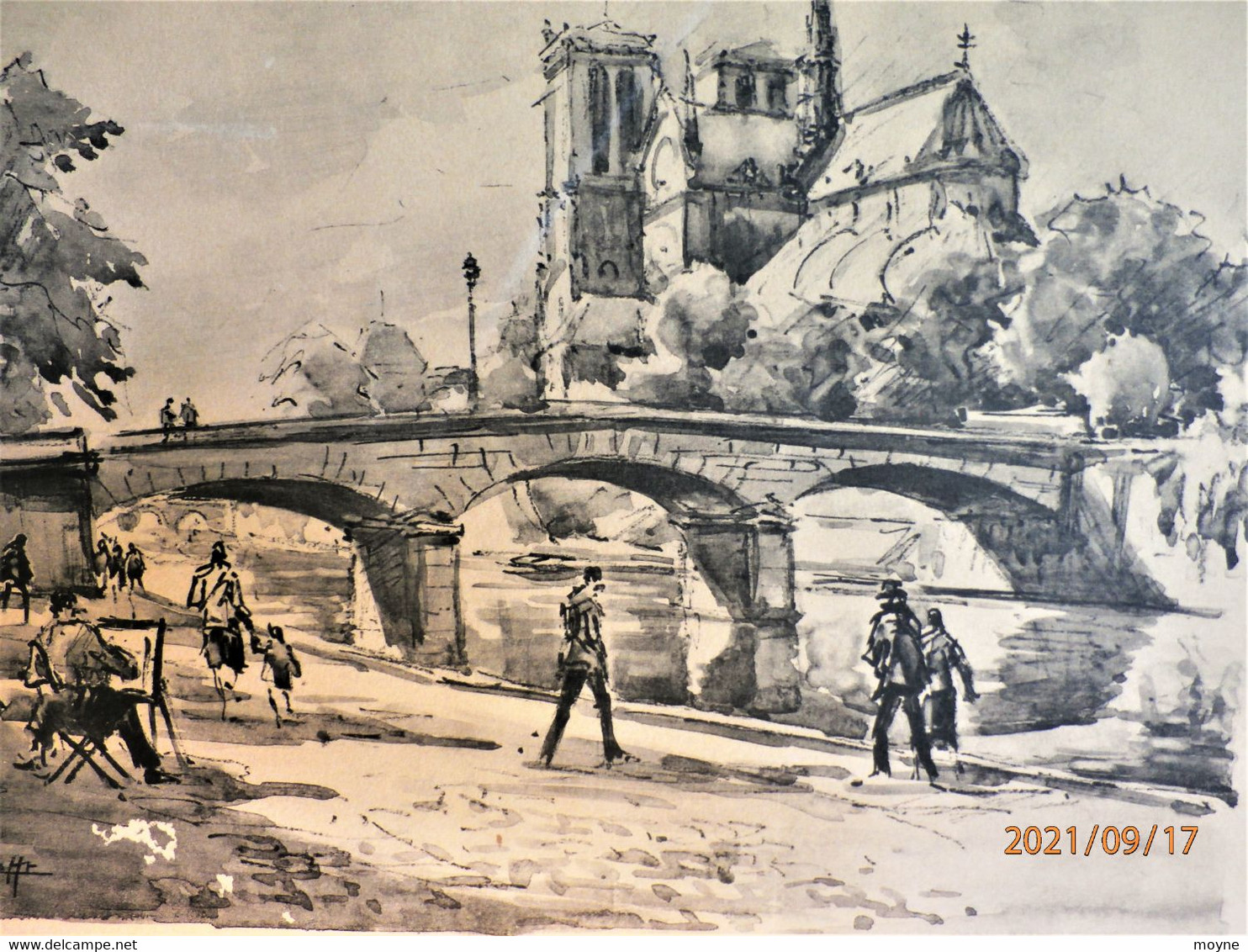 NOTRE DAME DE PARIS ET LE VIEUX PONT """- AQUARELLE ORIGINALE De ANDRE KRAFFT - - Aquarelles