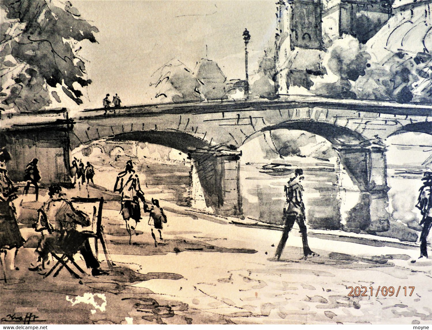 NOTRE DAME DE PARIS ET LE VIEUX PONT """- AQUARELLE ORIGINALE De ANDRE KRAFFT - - Aquarelles