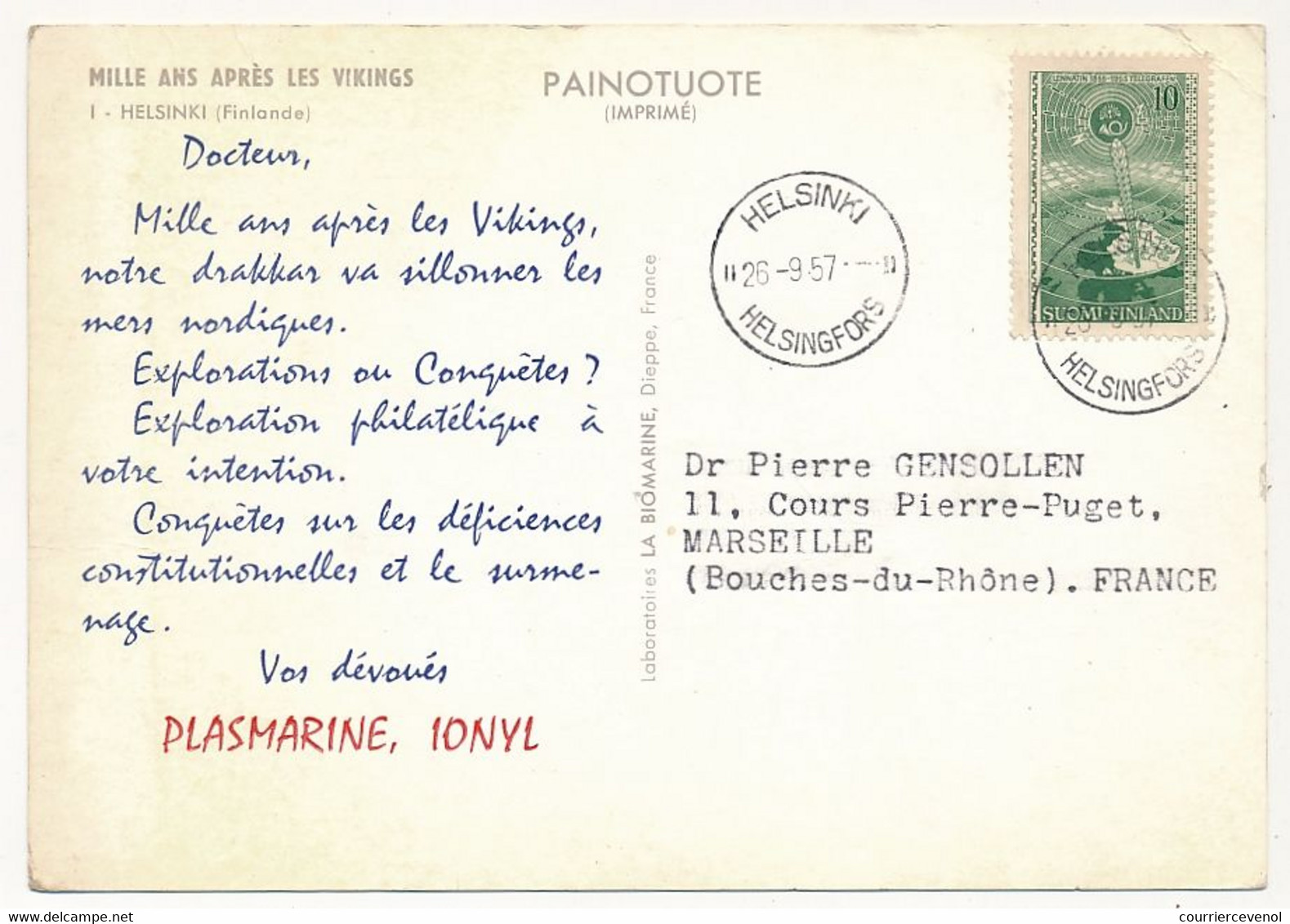 FINLANDE - Carte Postale Publicitaire "PLASMATINE / IONYL" - Helsinki - 26/9/1957 - Cartas & Documentos