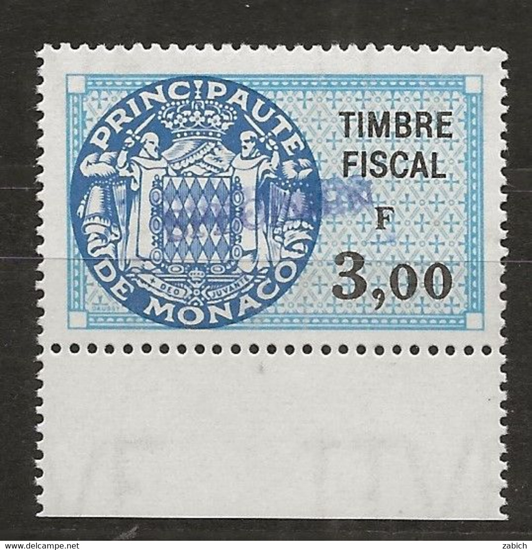 TIMBRES FISCAUX DE MONACO SERIE UNIFIEE N° 91 3 F Bleu Rare Surchargé Spécimen Neuf Gomme Mnh (**) - Fiscali