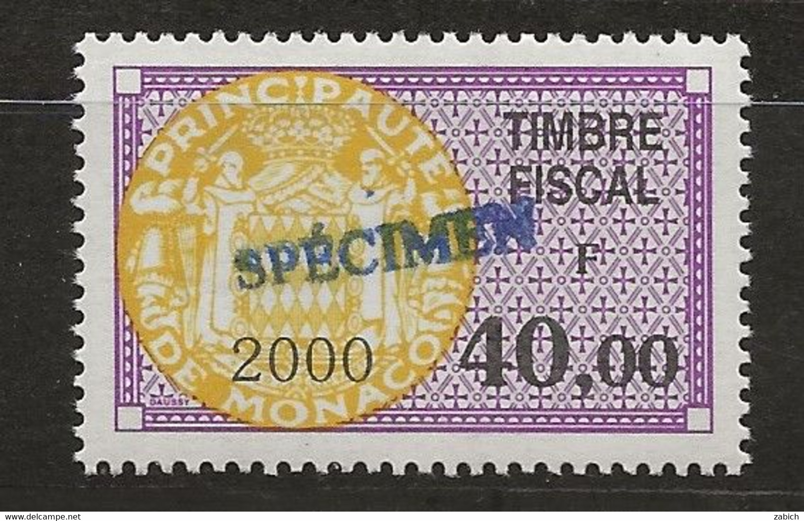 TIMBRES FISCAUX DE MONACO SERIE UNIFIEE N°96 40F Violet, Jaune 2000 Rare Surchargé Spécimen Neuf Gomme Mnh (**) - Fiscaux