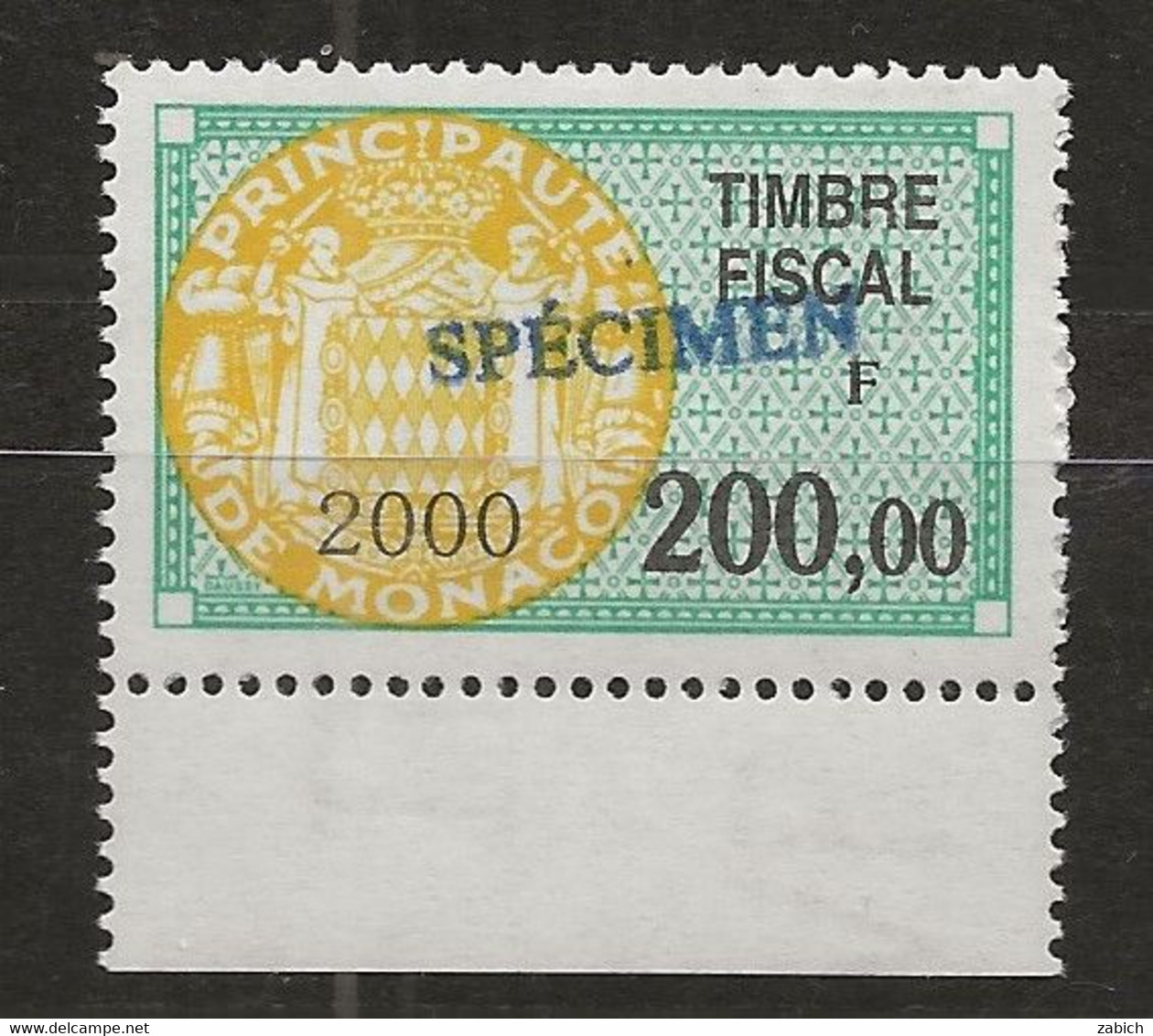 TIMBRES FISCAUX DE MONACO SERIE UNIFIEE N°98 200F Vert, Jaune 2000 Rare Surchargé Spécimen Neuf Gomme Mnh (**) - Revenue