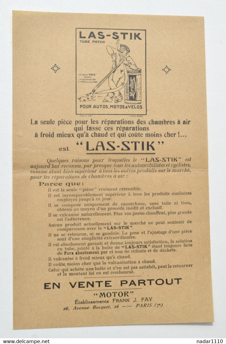 Pub Automobilia : Tube Patch LAS-STIK, Auto Moto Vélo - Années 1920 - Etablissements Frank J. Fay à Bruxelles - Cars