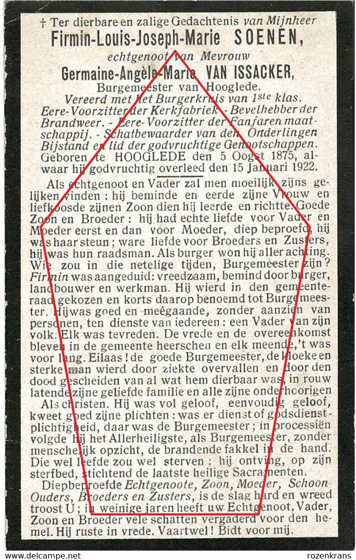 Firmin Soenen Germaine Van Issacker Burgemeester Hooglede Bevelhebber Brandweer 1922 Doodsprentje Bidprentje - Hooglede