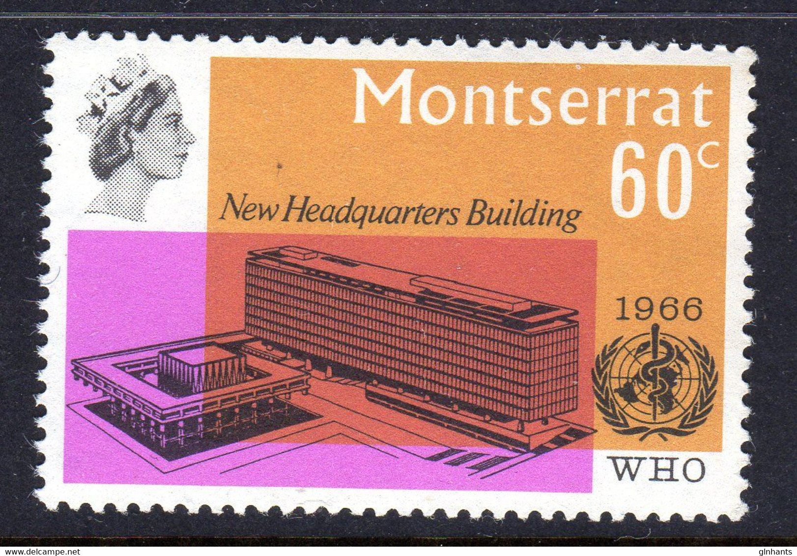 MONTSERRAT - 1966 WORLD HEALTH ORGANISATION WHO HEADQUARTERS INAUGURATION 60c STAMP FINE MNH ** SG 186 - Montserrat