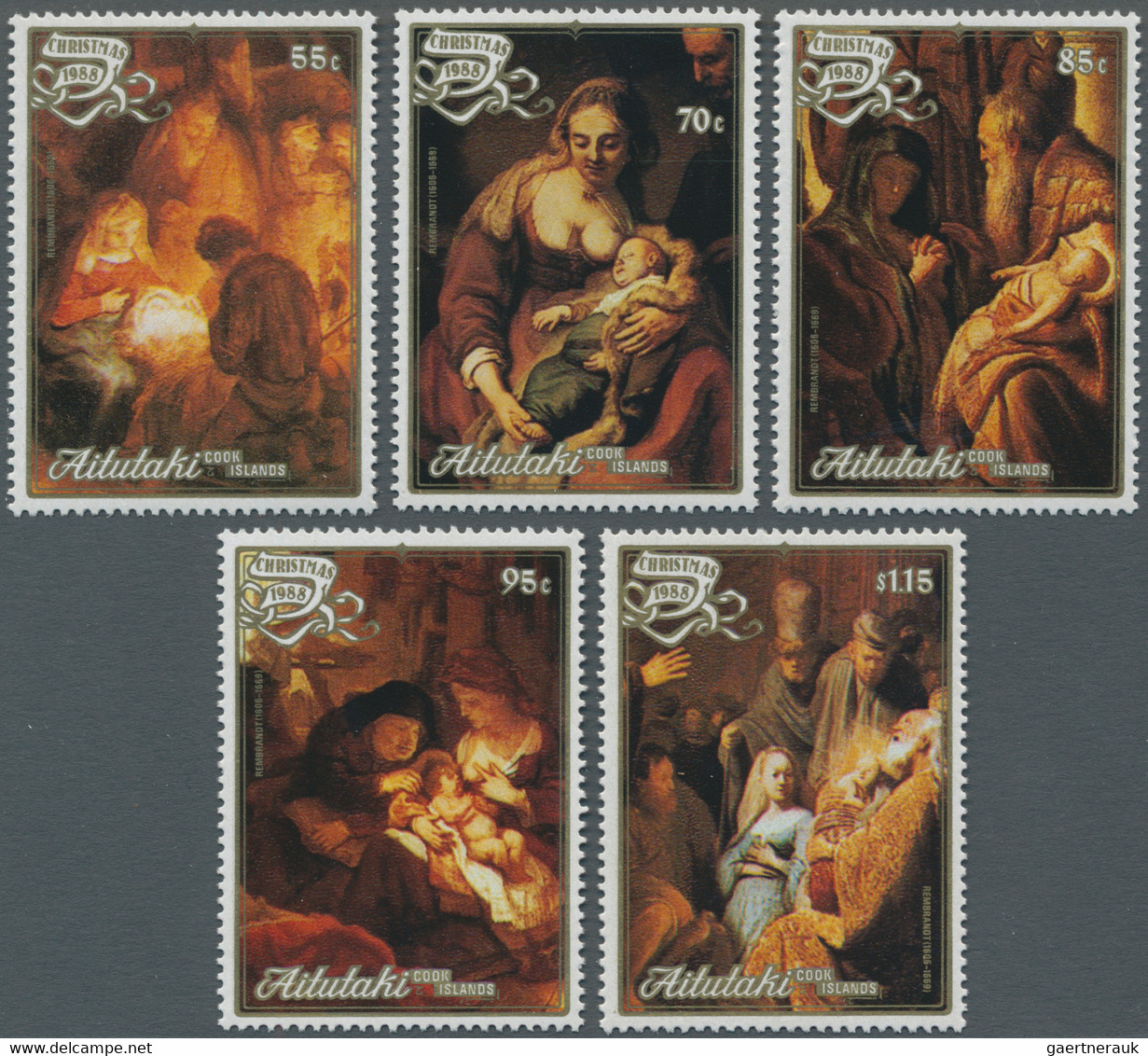 Aitutaki: 1988, Christmas Complete Set Of Five With Different Rembrandt Paintings In A Lot With Abou - Aitutaki