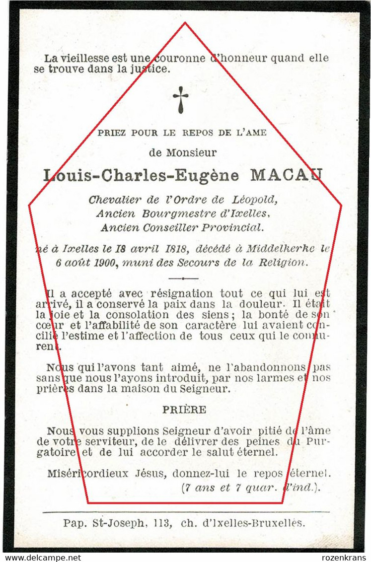 Louis Charles Macau Burgemeester Bourgmestre De Ixelles Elsene Middelkerke 1900 Doodsprentje Image Mortuaire Bidprentje - Elsene - Ixelles