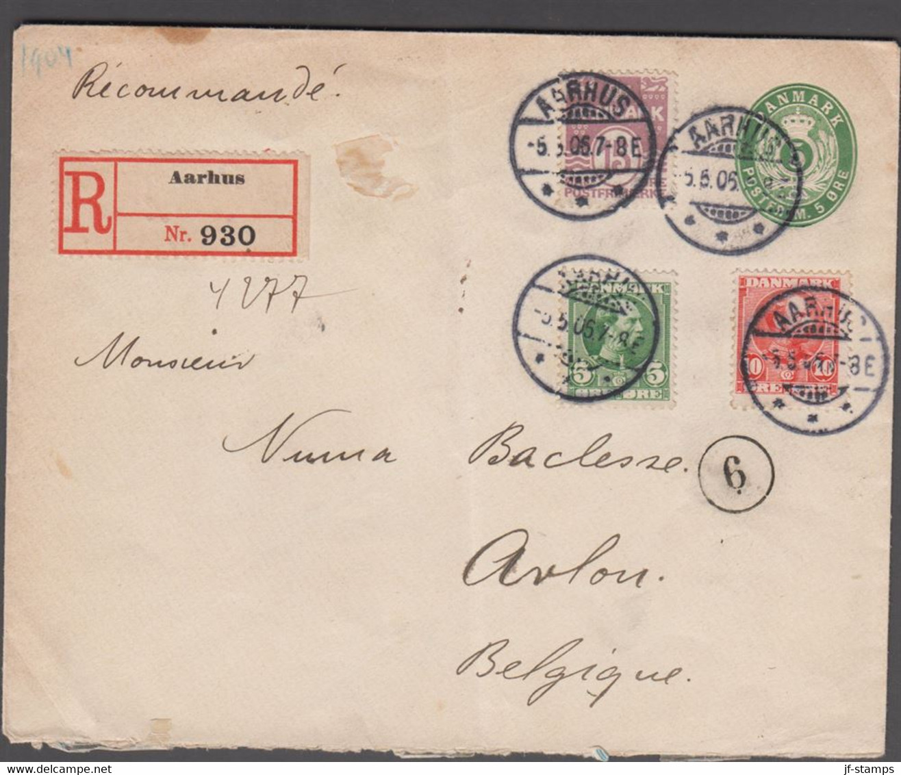 1906. DANMARK.  5 øre Envelope + 15 øre Wavy Line+ 5 + 10 øre Christian IX On Recomme... (Michel 47-48+) - JF424953 - Briefe U. Dokumente