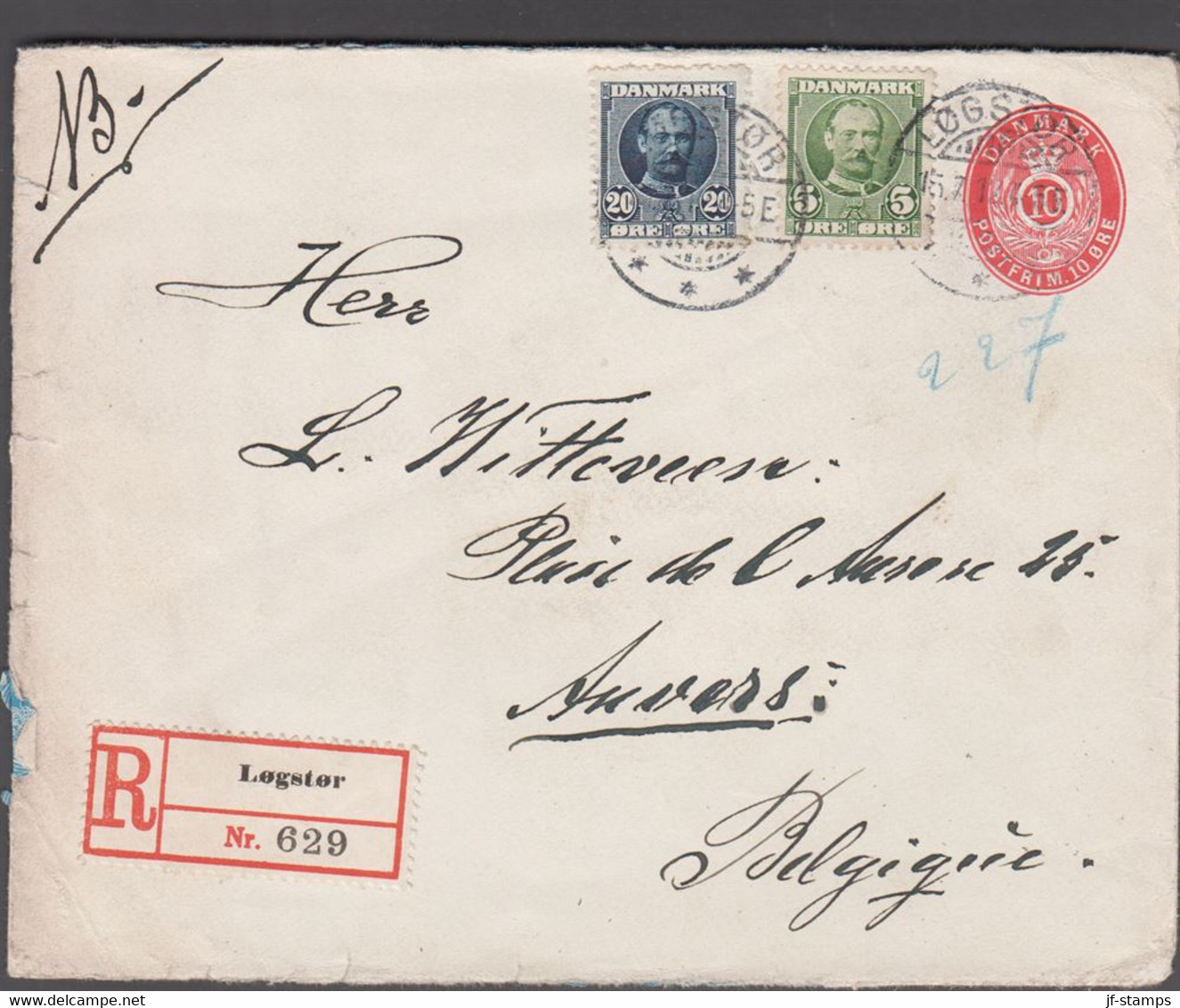 1912. DANMARK.  10 øre Envelope + 5 + 20 øre Frederik VIII On Recommended Envelope Fr... (Michel 55a+) - JF424955 - Cartas & Documentos