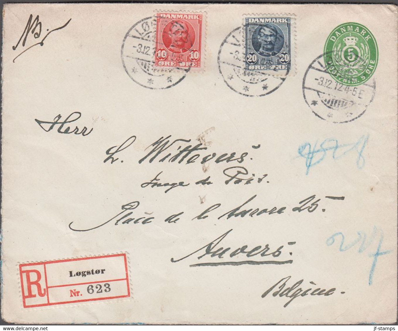 1912. DANMARK.  5 øre Envelope + 10 + 20 øre Frederik VIII On Recommended Envelope Fr... (Michel 55a+) - JF424956 - Covers & Documents