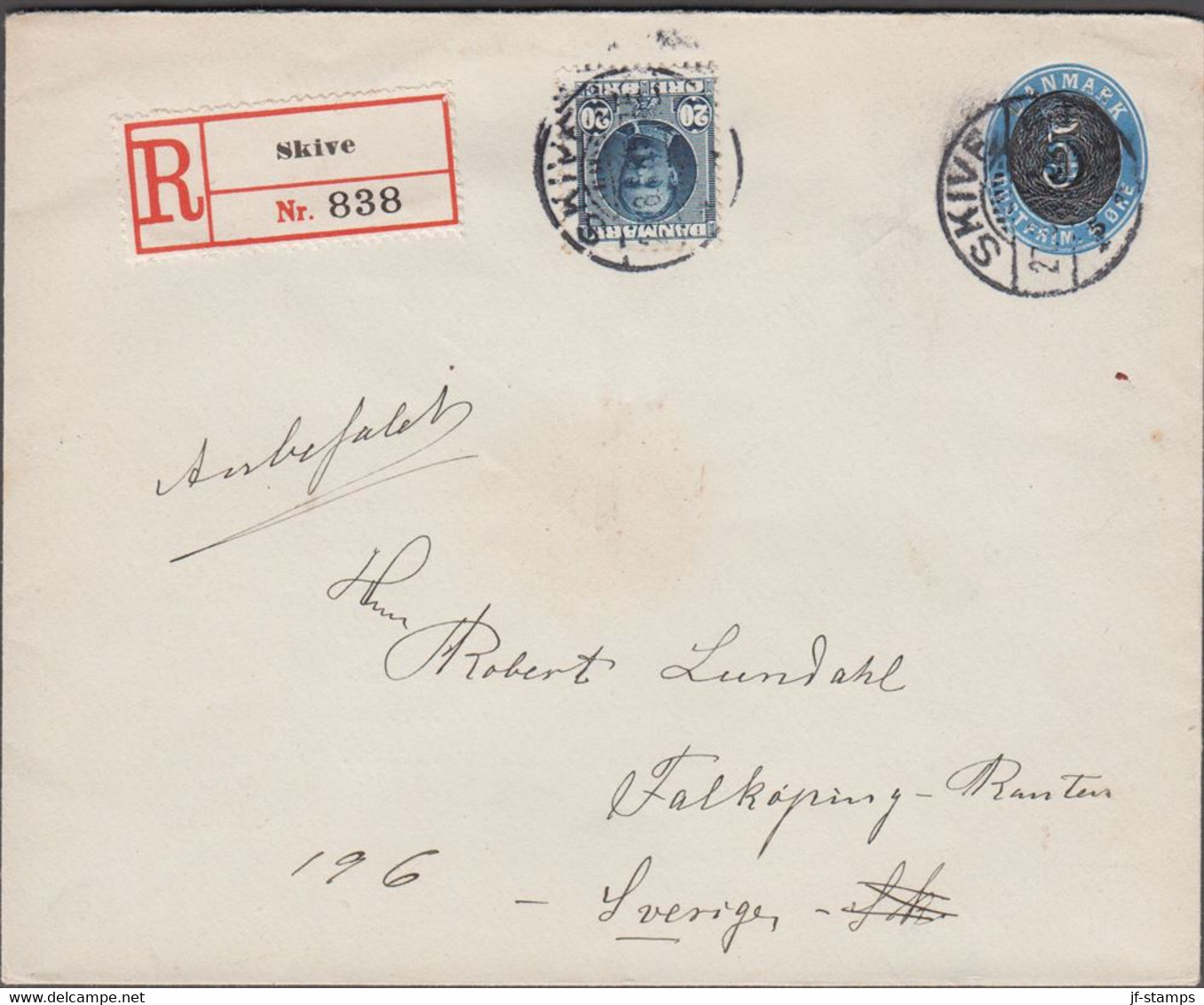 1908. DANMARK.  5 On 4 øre Envelope + 20 øre Frederik VIII On Recommended Envelope Fr... (Michel 55a+) - JF424957 - Lettres & Documents