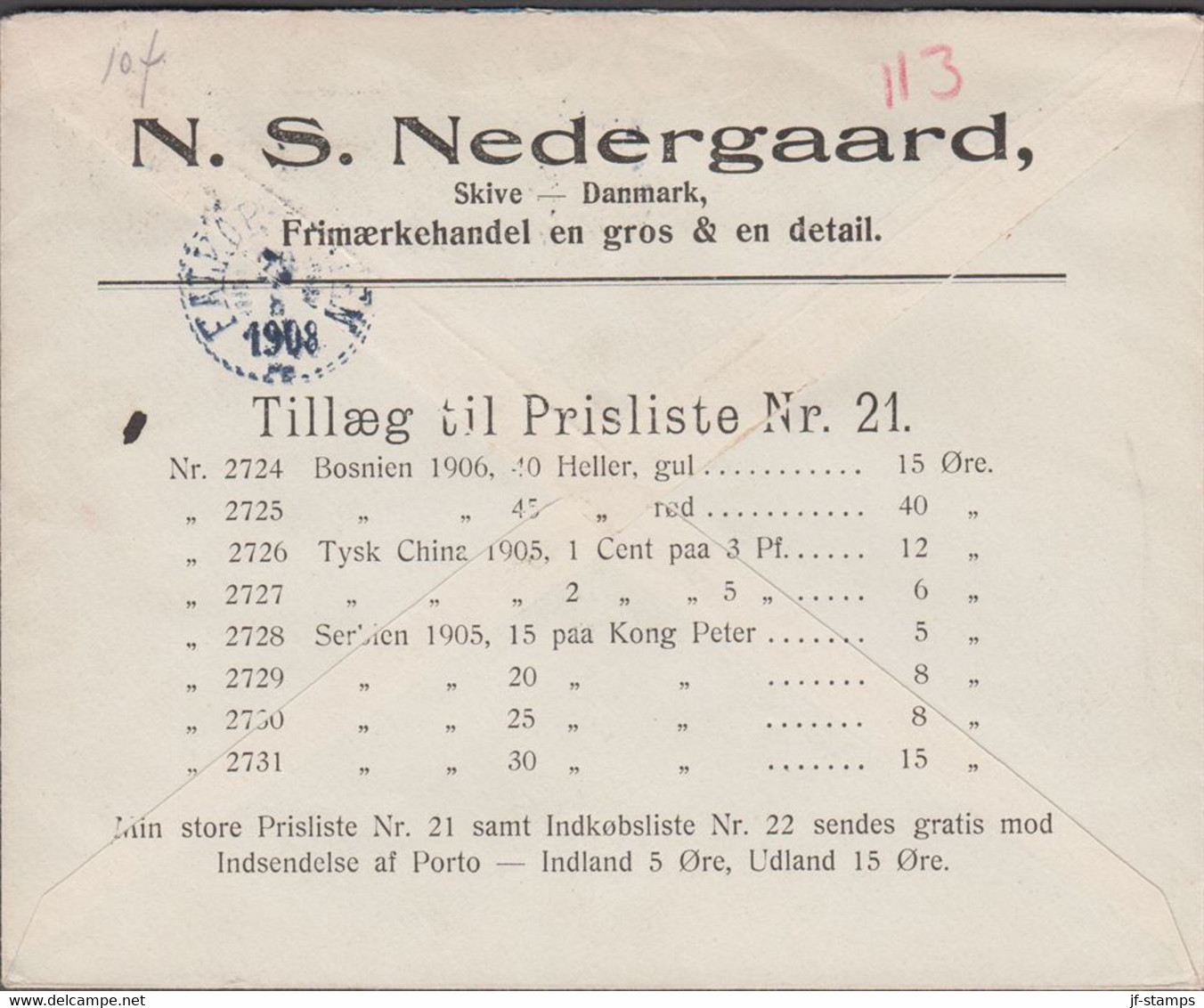 1908. DANMARK.  5 On 4 øre Envelope + 20 øre Frederik VIII On Recommended Envelope Fr... (Michel 55a+) - JF424957 - Cartas & Documentos