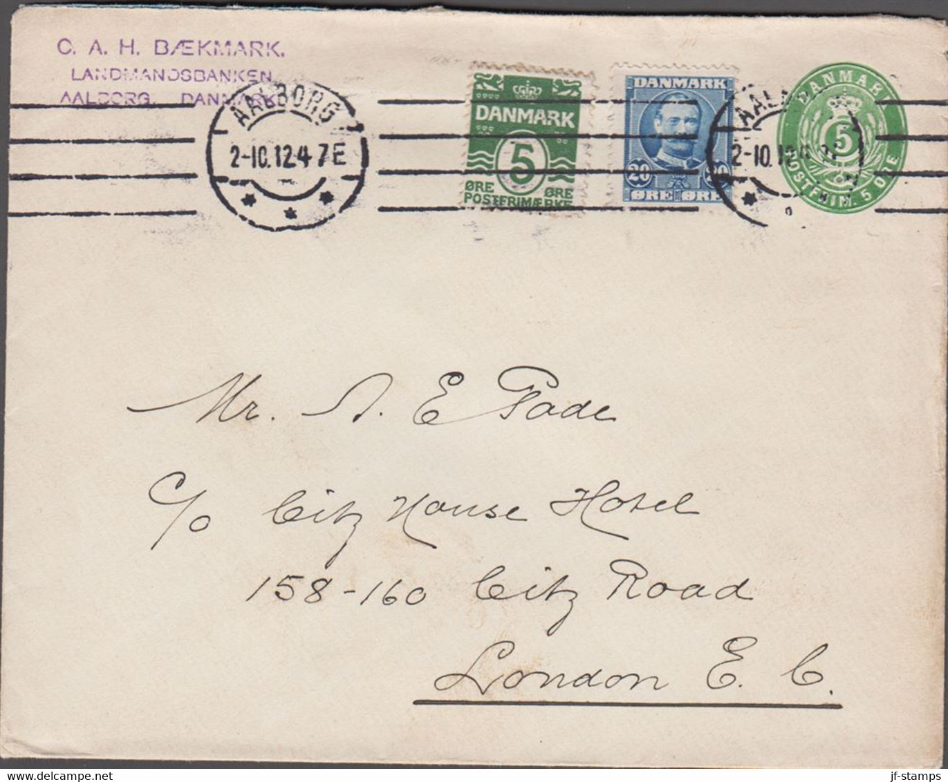 1912. DANMARK.  5 øre Envelope + 5 øre Wavyline  + 20 øre Frederik VIII On Envelope F... (Michel 55a+) - JF424958 - Lettres & Documents