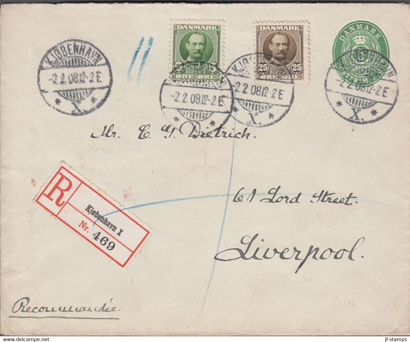 19108. DANMARK.  5 øre Envelope + 5 + 25 øre Frederik VIII On Recommended Envelope Ca... (Michel 56+) - JF424960 - Covers & Documents