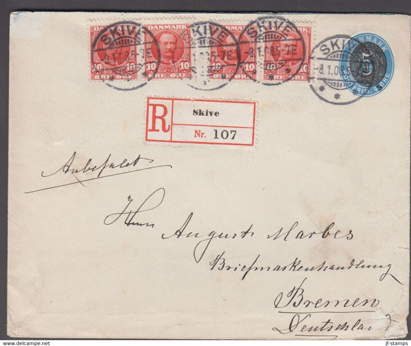 1908. DANMARK.  5 On 4 øre Envelope + 4 Ex 10 øre Frederik VIII On Recommended Envelo... (Michel 54+) - JF424961 - Lettres & Documents