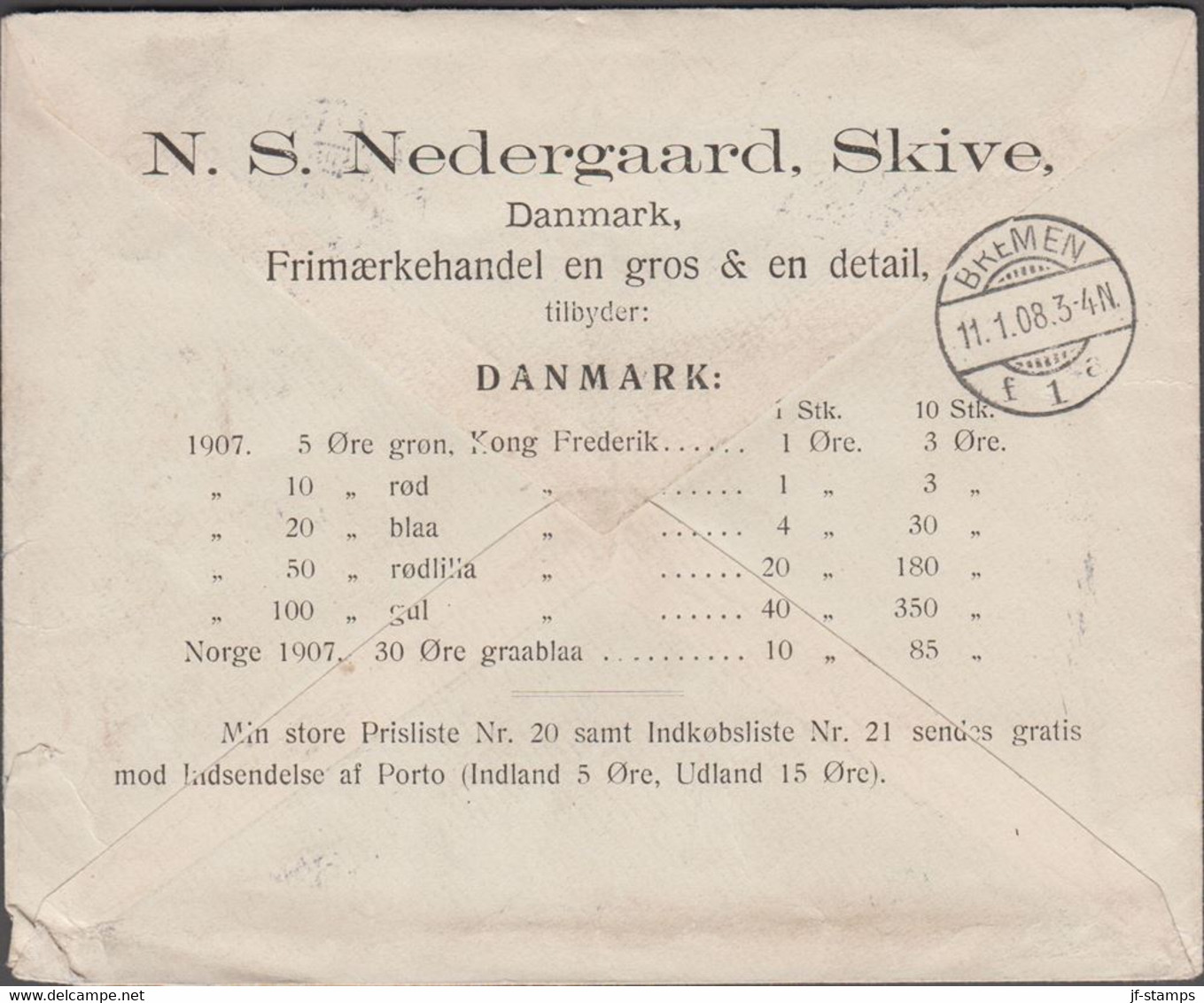 1908. DANMARK.  5 On 4 øre Envelope + 4 Ex 10 øre Frederik VIII On Recommended Envelo... (Michel 54+) - JF424961 - Cartas & Documentos