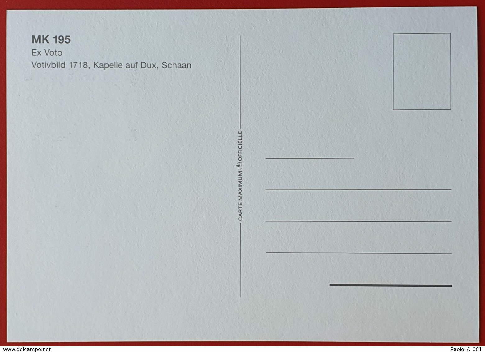 LIECHTENSTEIN 2001 KAPELLE CHAPEL DUX SCHAAN VOTIVBILDER MAXIMUM CARD - Lettres & Documents