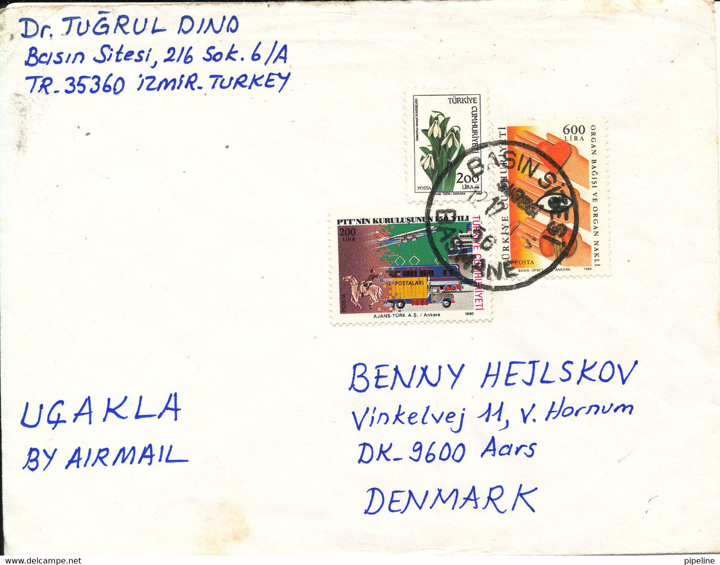 Turkey Cover Sent To Denmark 12-12-1990 - Brieven En Documenten