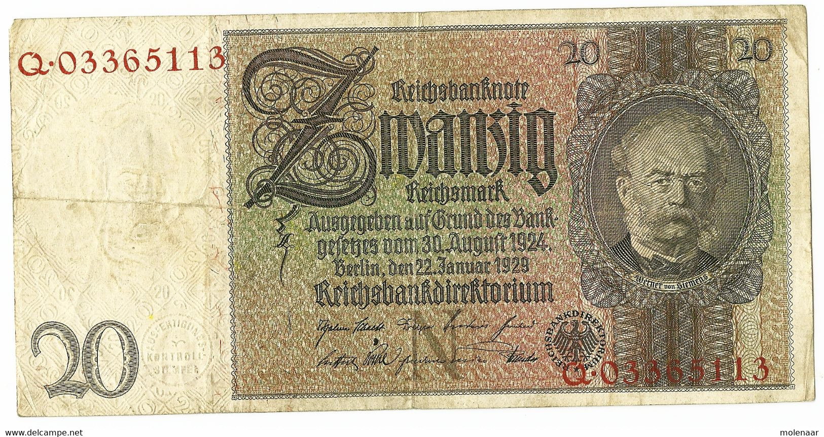 Duitsland 1 Biljet Van 20 Reichsmark 1929 Gebruikt  (3241) - 20 Mark