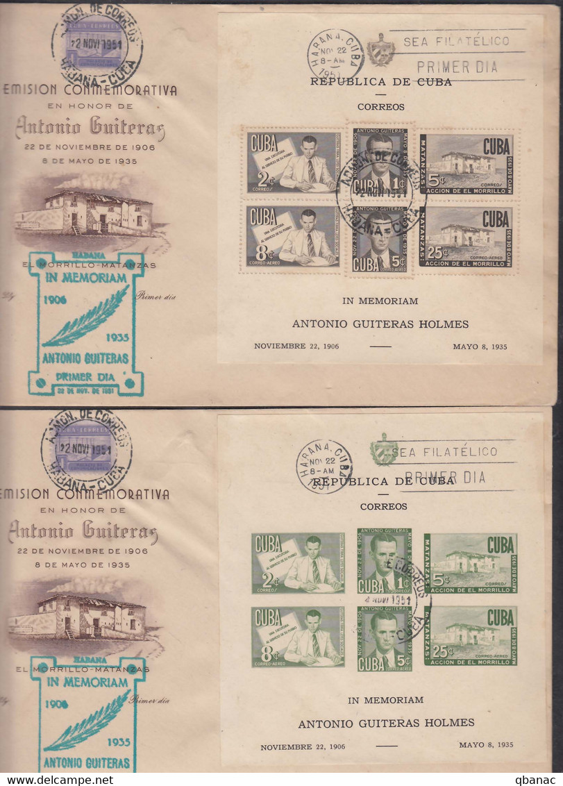 Cuba 1951 Antonio Gutieras Holmes FDC - First Day Covers, Primer Dia Mi#Block 7 And 8, Scarce Pieces - Cartas & Documentos