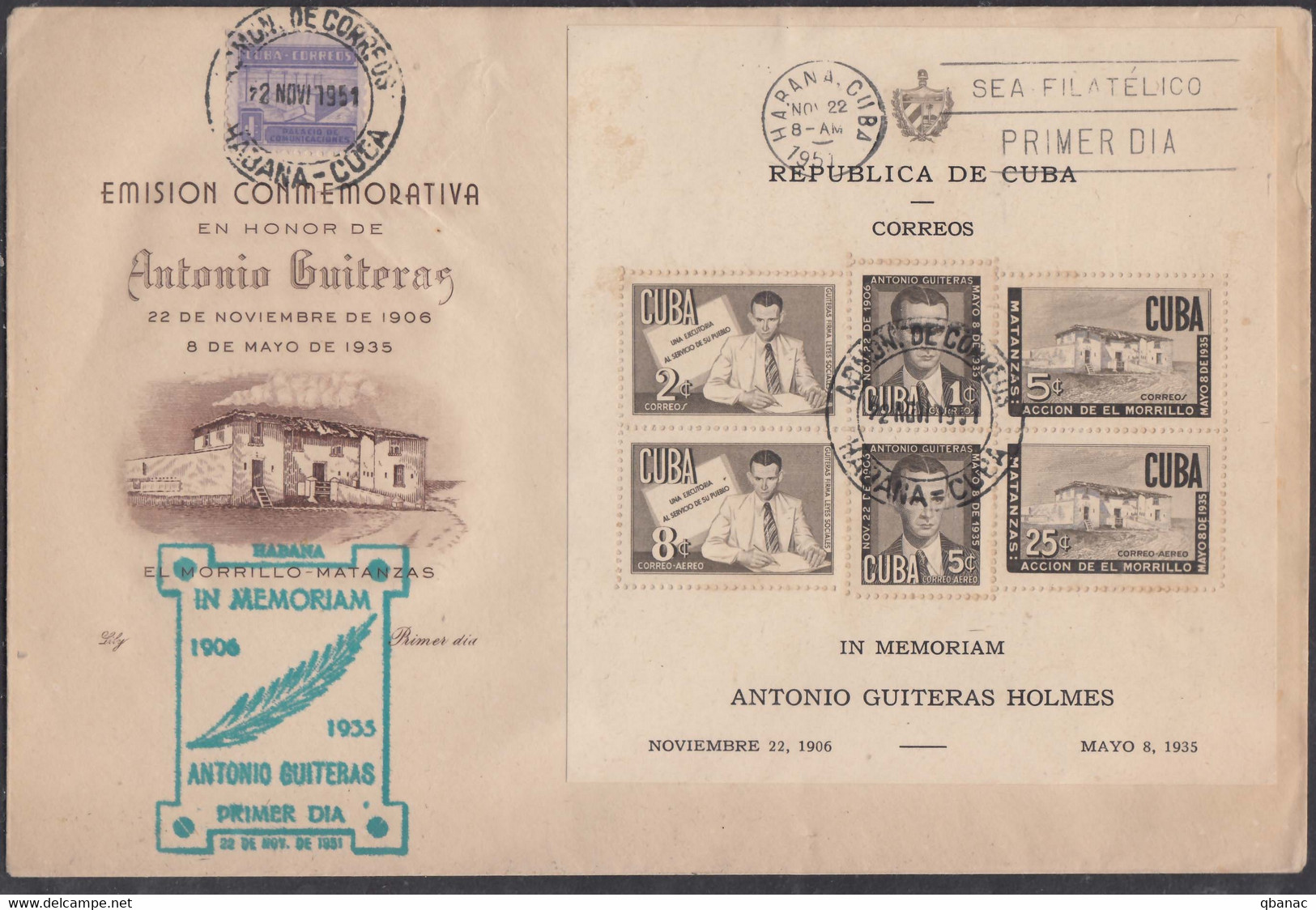 Cuba 1951 Antonio Gutieras Holmes FDC - First Day Covers, Primer Dia Mi#Block 7 And 8, Scarce Pieces - Storia Postale