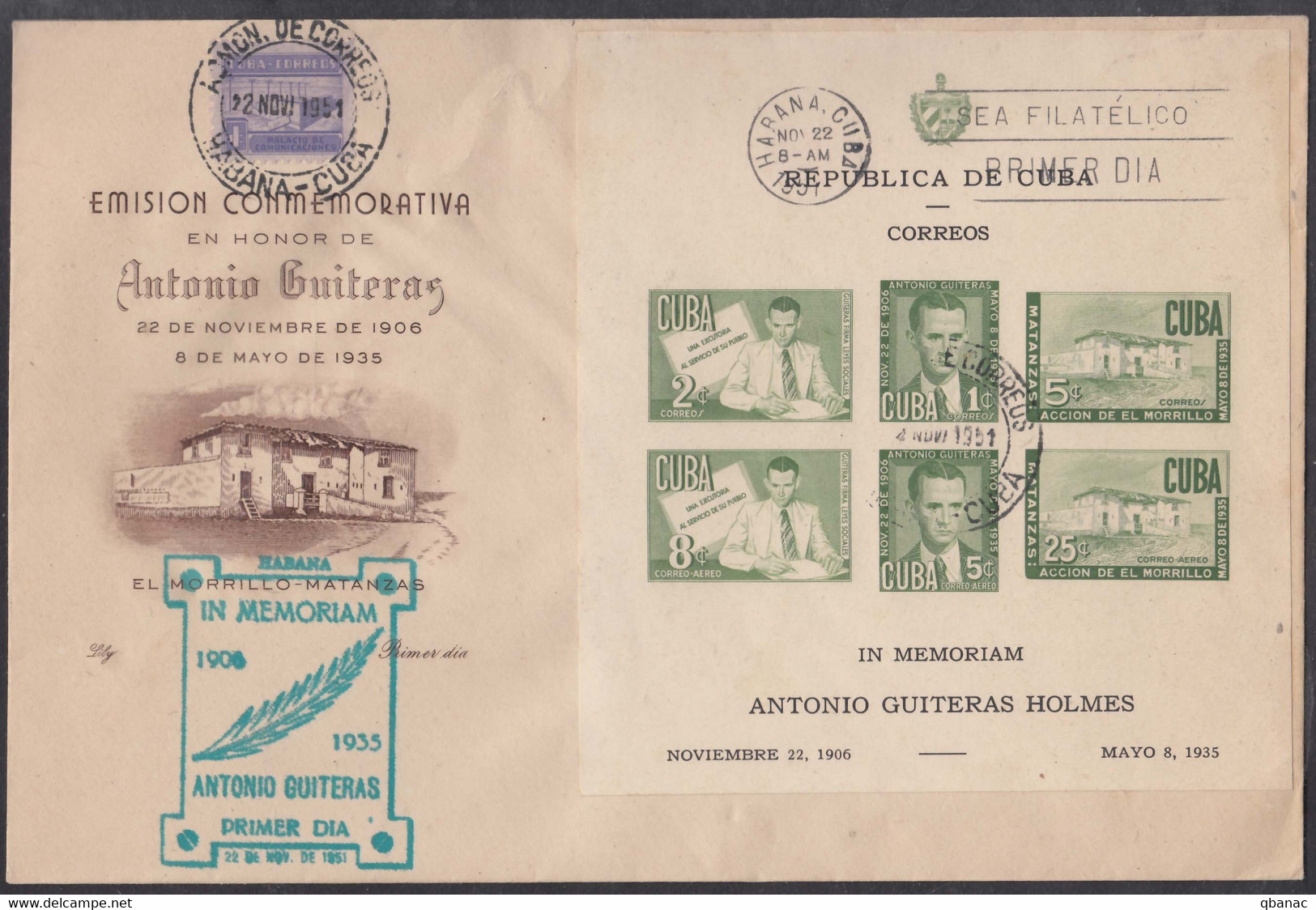 Cuba 1951 Antonio Gutieras Holmes FDC - First Day Covers, Primer Dia Mi#Block 7 And 8, Scarce Pieces - Briefe U. Dokumente