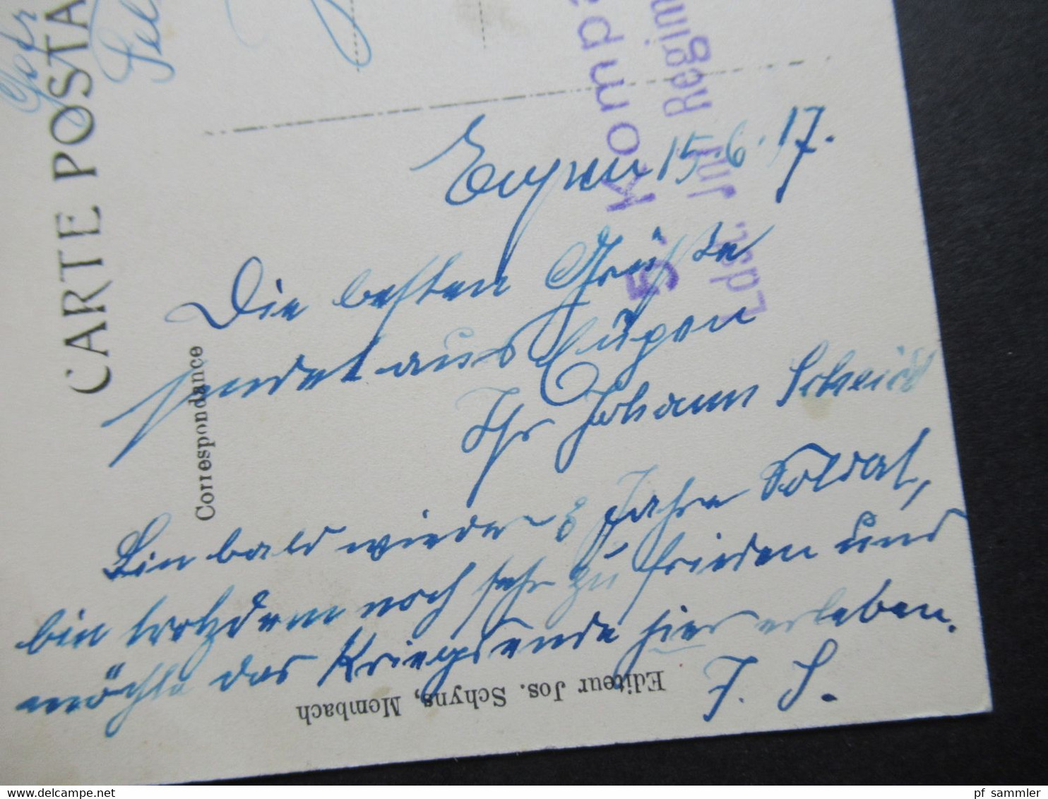 DR 1917 Feldpost 1.WK Membach, Berg Stempel Eupen und L2 5. Kompagnie Ldst. Inf. Regiment Nr. 607 / Eupen und Malmedy