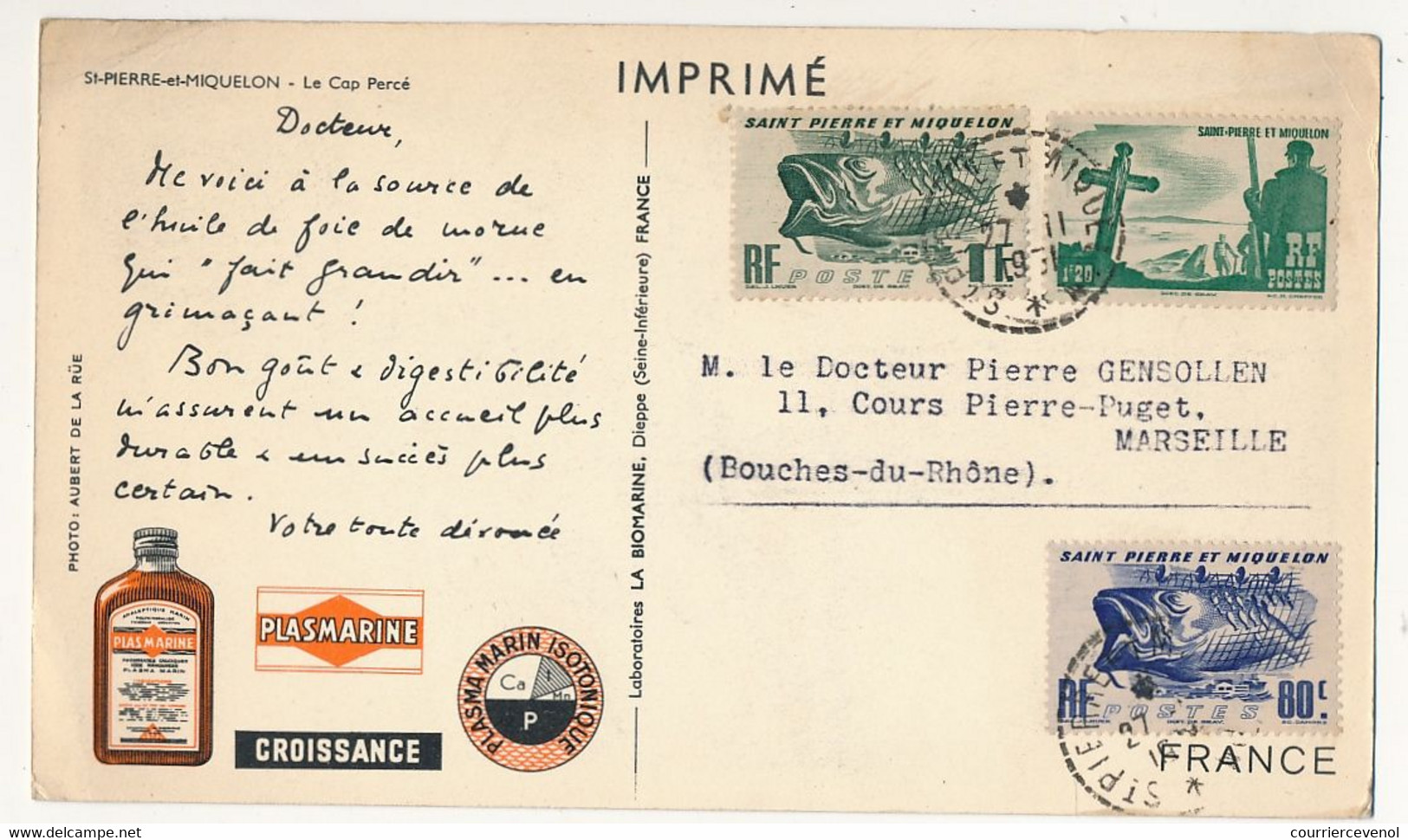 SAINT PIERRE MIQUELON - Carte Publicitaire "Plasmarine" - St Pierre 27/11/1951 - Briefe U. Dokumente