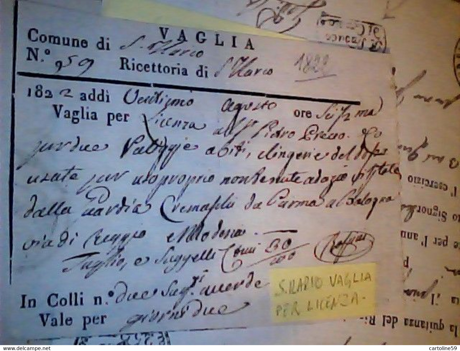 VAGLIA Ricettoria S SANT'ILARIO 1822 PRODUCE VALIGIE LINGERIE ABITI USO PROPRIO DA PARMA BO VIA REGGIO  F9725 - Italia