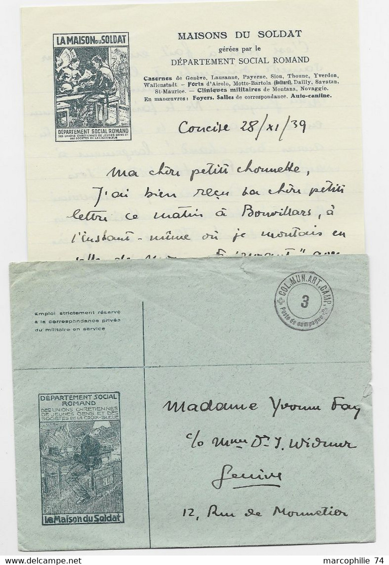 HELVETIA SUISSE LETTRE COVER ENTETE + TEXTE LA MAISON DU SOLDAT SOCIAL ROMAND + POSTE EN CAMPAGNE CONCISE 28.XI.1939 - Oblitérations