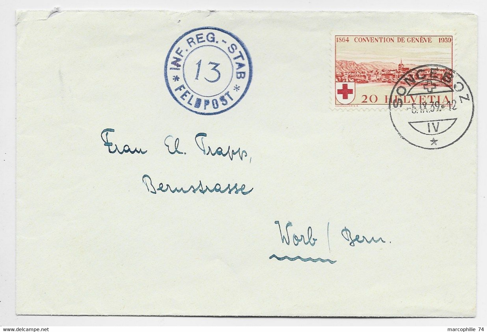 HELVETIA SUISSE 20C SEUL LETTRE COVER SONGENOZ 5.IX.1939  TO WORB BERN + INF REG STAB FELPOST 13 - Annullamenti