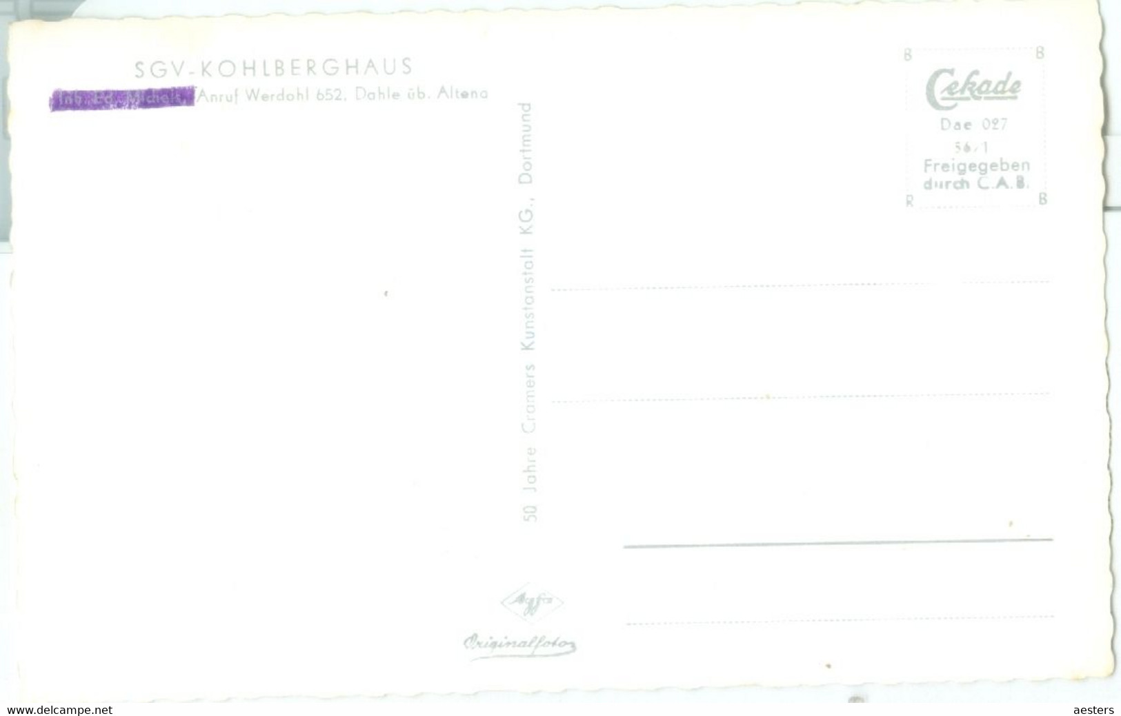 Altena-Dahle; S G V Kohlberghaus (Luftbild) - Nicht Gelaufen. (Cramers Kunstanstalt - Dortmund) - Altena