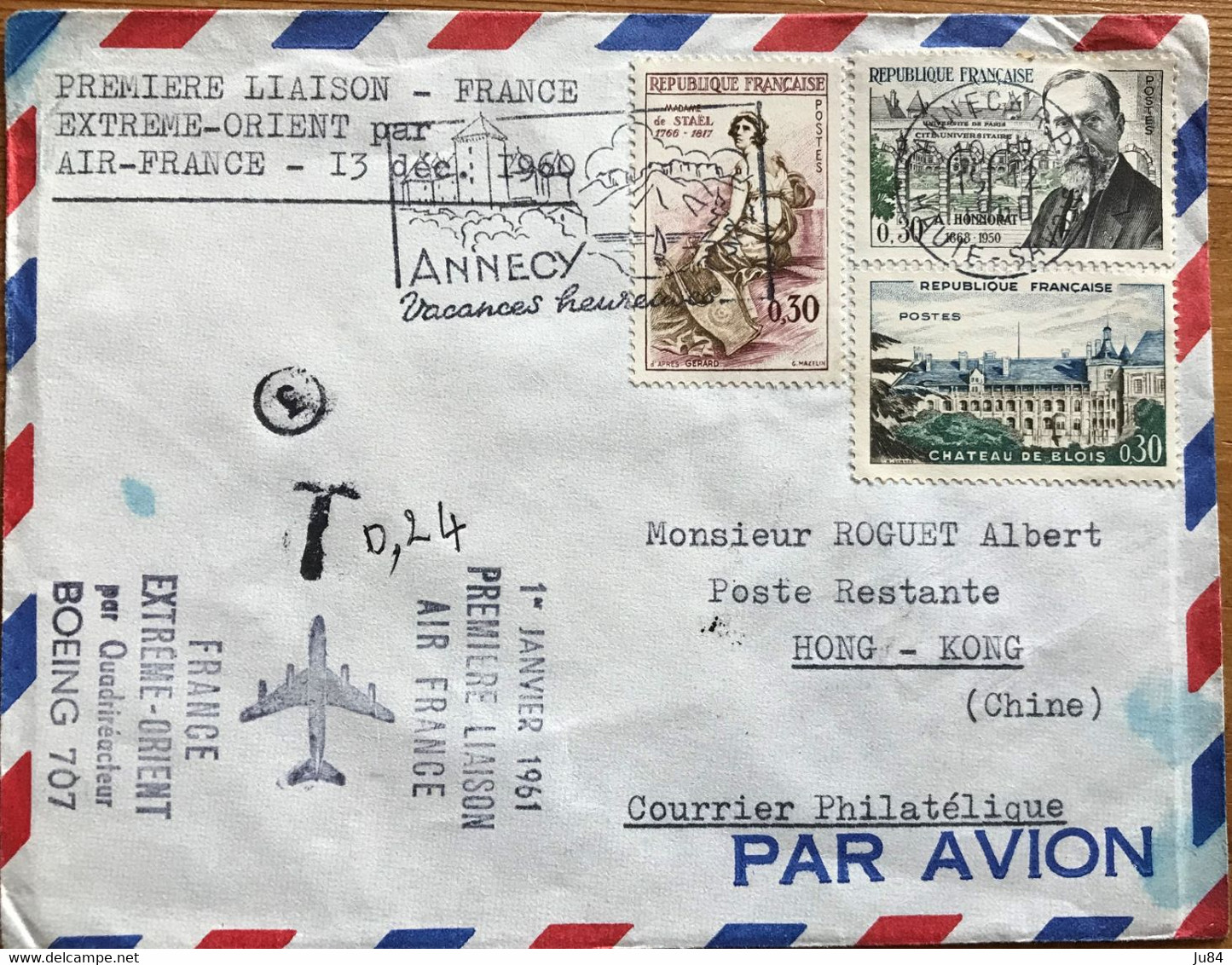 Haute Savoie - Annecy R.P. - 1ère Liaison Aérienne - France-Extrême Orient - Air France - Lettre Pour Hong Kong - 1960 - 1960-.... Briefe & Dokumente