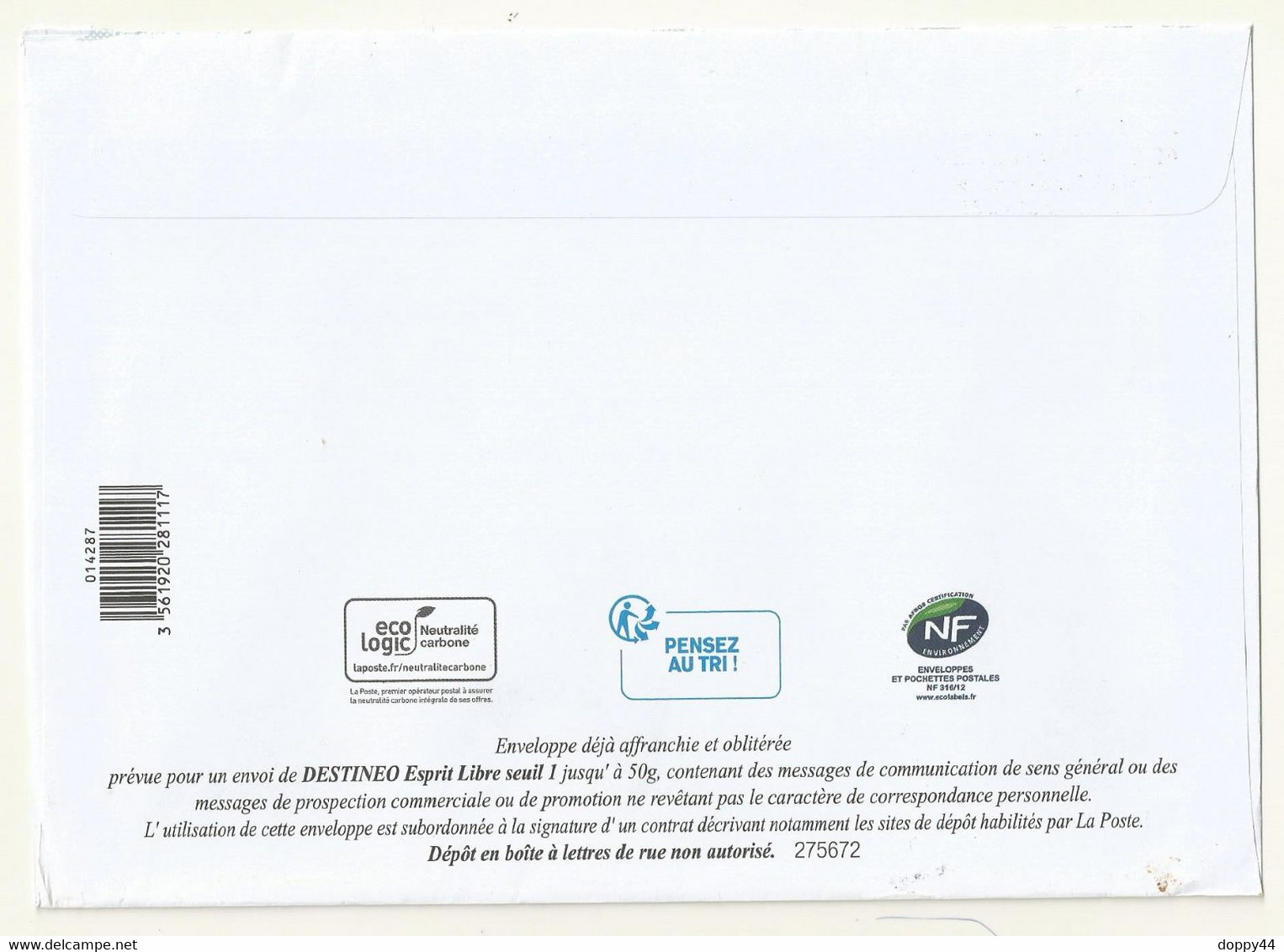 PAP DESTINEO PREO ESPRIT LIBRE SEUIL 1 50 GRAMMES PRIMEVERE LOT 275672  Enveloppe Grand Format 23cm X 16.2 Cm - Pseudo-interi Di Produzione Ufficiale