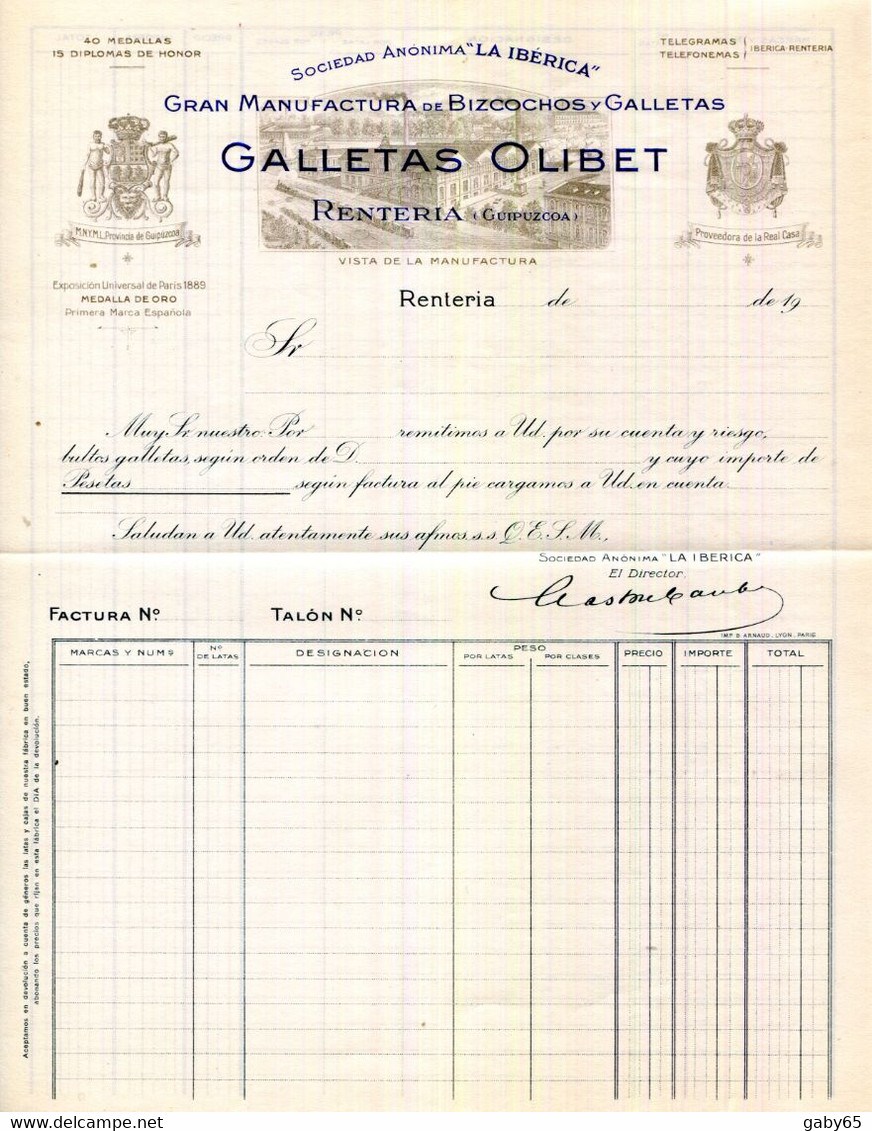 ESPAGNE.RENTERIA.GRAN MANUFACTURA DE BIZCOCHOS Y GALLETAS.GALLETAS OLIBET.S.A." LA IBERICA " - Spanien