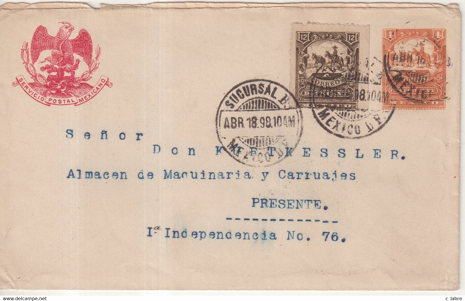 MEXIQUE  : ENTIER POSTAL . AVEC COMPlt D'AFFRt  . " MEXICO " . SERVICE INTERIEUR . 1898 . - Mexique