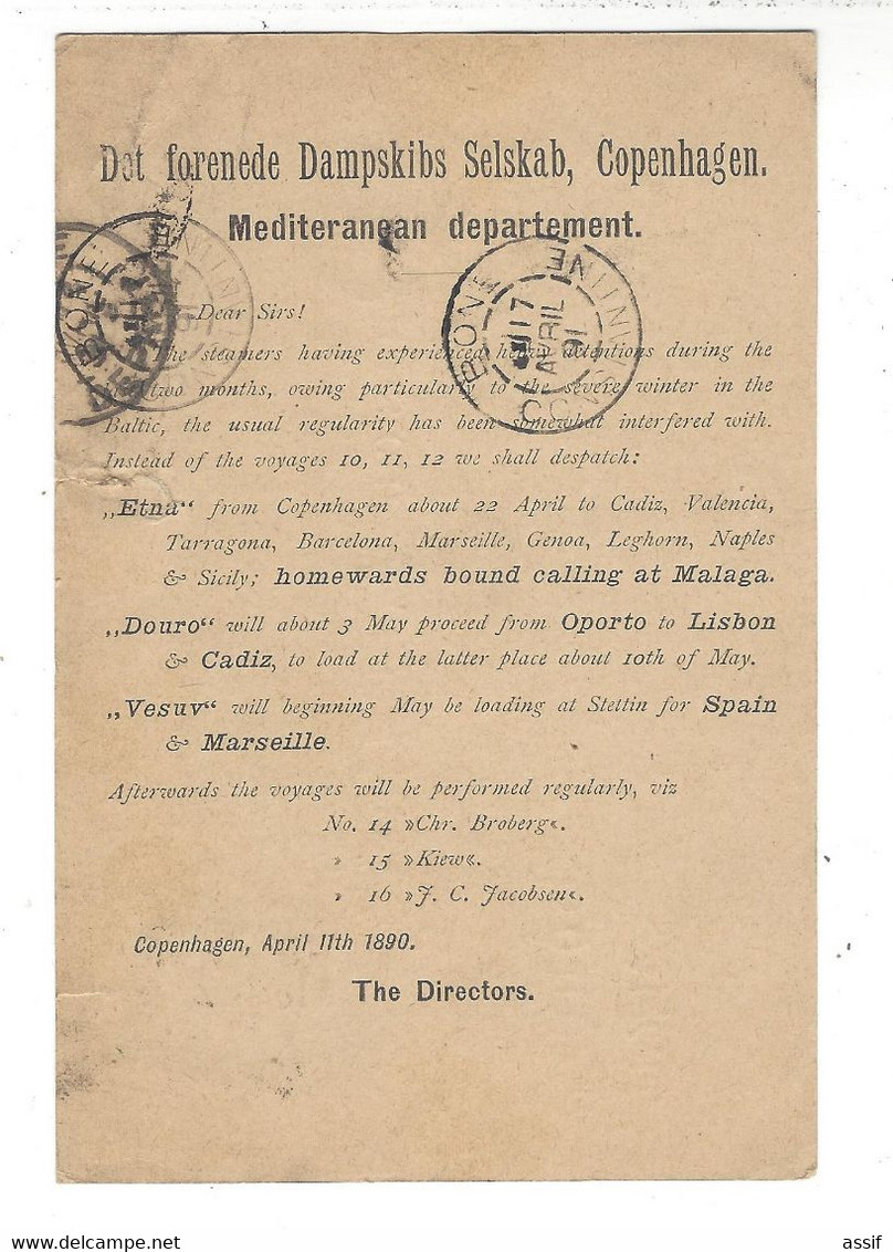 Copenhagen   Dampskibs Selskab   Mediteranean Departement  - Timbre Perforé  , Pour Bône Algérie - Lettres & Documents