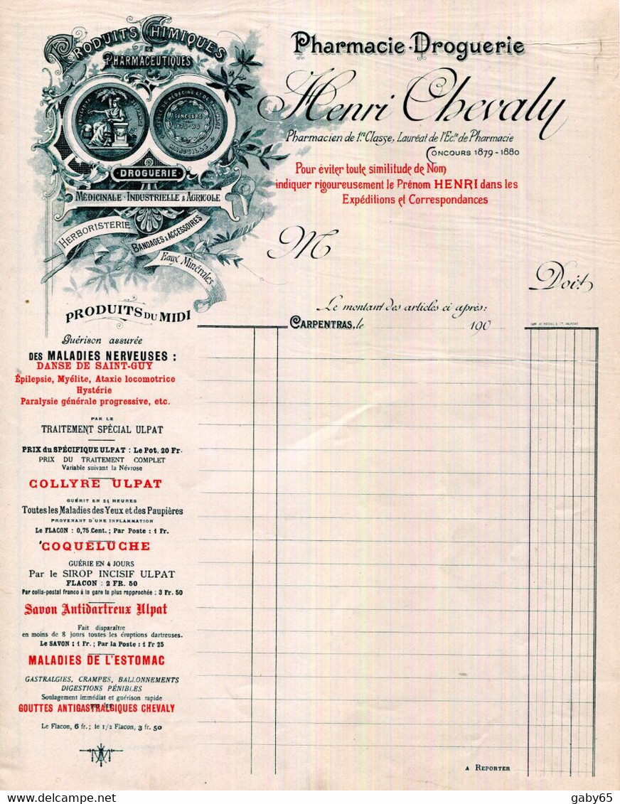 84.VAUCLUSE.CARPENTRAS.PHARMACIE-DROGUERIE.PRODUITS CHIMIQUES.HENRI CHEVALY PHARMACIEN DE 1er.CLASSE. - Perfumería & Droguería