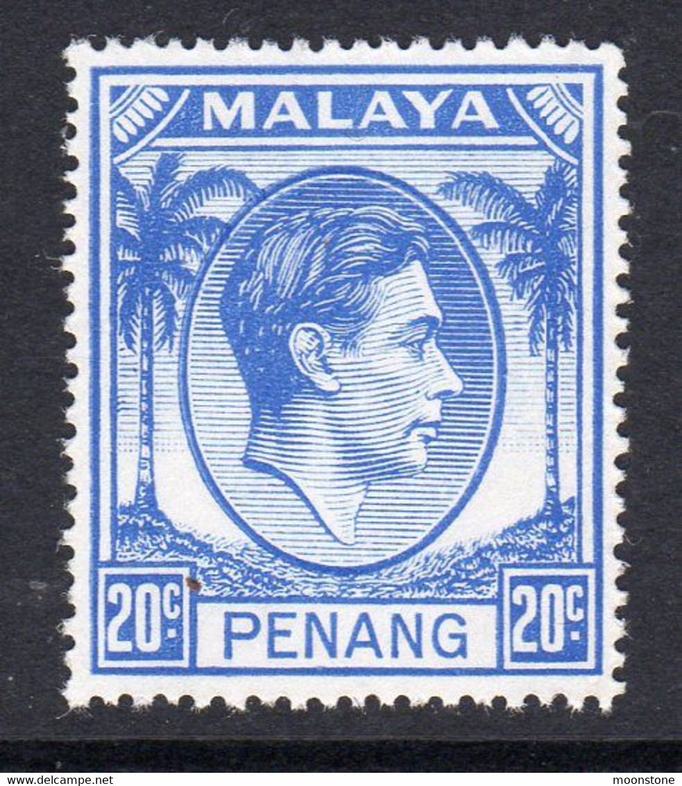 Malaya Penang 1949-52 GVI 20c Bright Blue Definitive, MNH, SG 15 (MS) - Penang