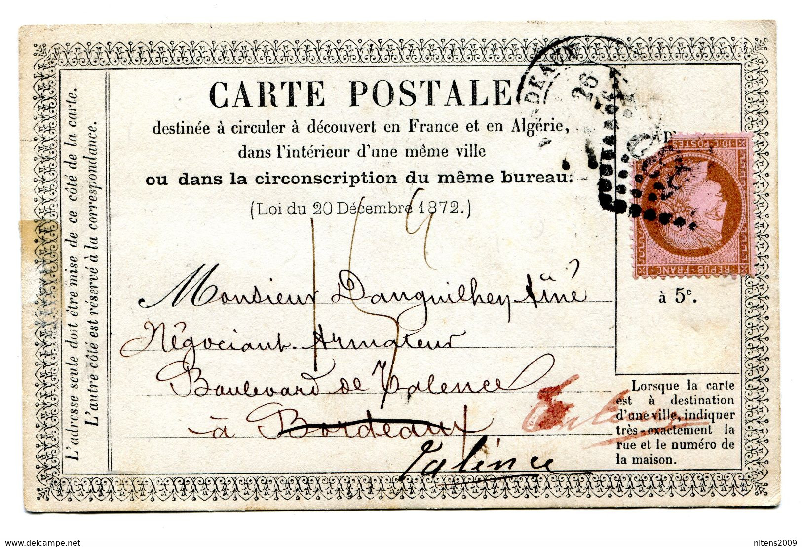 CP TAXÉE 15 CENTIMES POUR RÉEXPÉDITION BORDEAUX /TALENCE 26 SEPT 1873 - - 1849-1876: Klassik