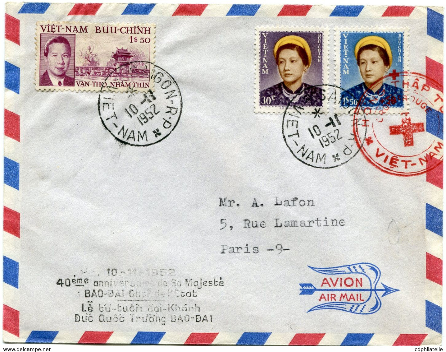 VIET-NAM LETTRE PAR AVION DEPART SAIGON 10-11-1952 VIET-NAM POUR LA FRANCE - Viêt-Nam