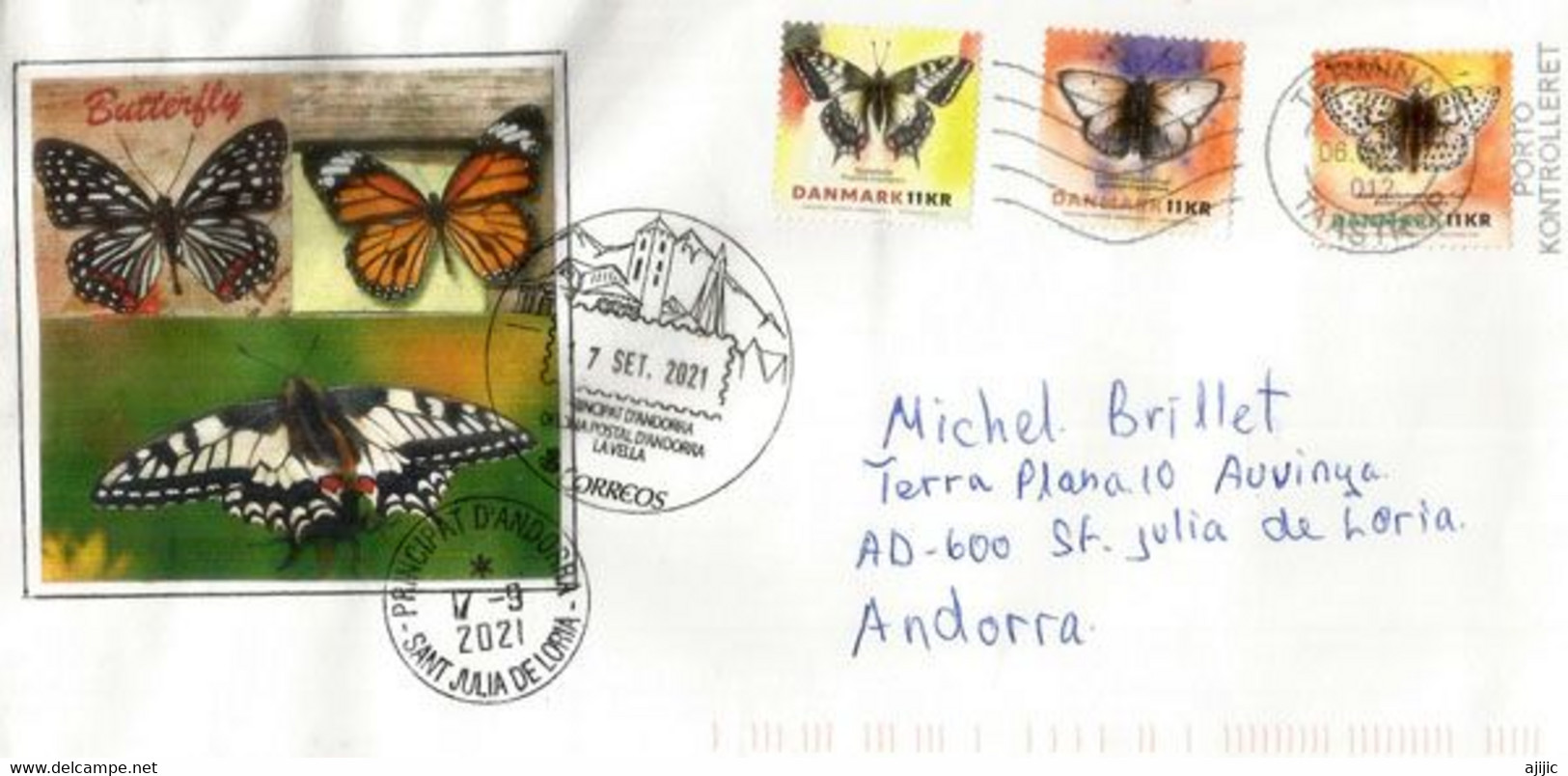 Butterflies / Papillons 2021 Lettre Danemark Adressée Andorra, Avec Timbres à Date Arrivée Des Deux Administrations Post - Covers & Documents