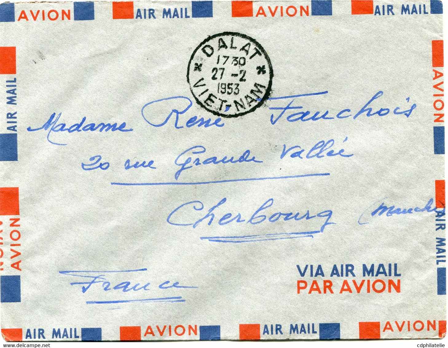 VIET-NAM LETTRE PAR AVION AVEC AFFRANCHISSEMENT AU DOS DEPART DALAT 27-2-1953 VIET-NAM POUR LA FRANCE - Viêt-Nam