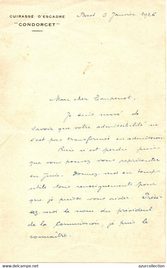 LETTRE CUIRASSE D'ESCADRE CONDORCET - Documents