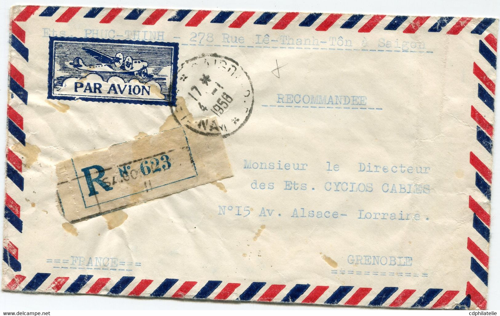 VIET-NAM LETTRE RECOMMANDEE PAR AVION AVEC AFFRANCHISSEMENT AU DOS DEPART SAIGON 4-1-1956 VIET-NAM POUR LA FRANCE - Viêt-Nam